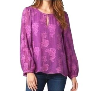 Loft Purple Violet Floral Appliqué Long Sleeve Blouse